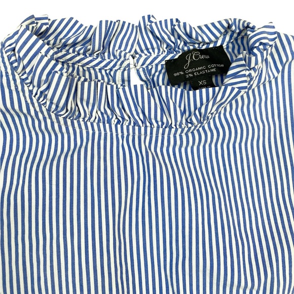 J crew organic cotton ruffle neck blue striped long sleeve career top - Picture 2 of 5
